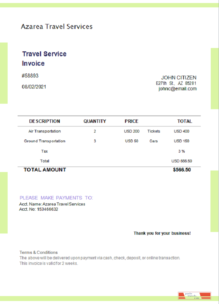 USA Azarea Travel Services invoice PSD template